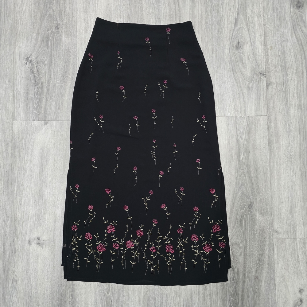 FANG Black Maxi Skirt with Pink Floral Embroidery